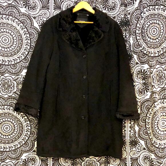 JNY 2X Black Faux Suede/Shearling Pieced Cattlemen Style Heavy Plush Coat NICE! - Picture 1 of 9